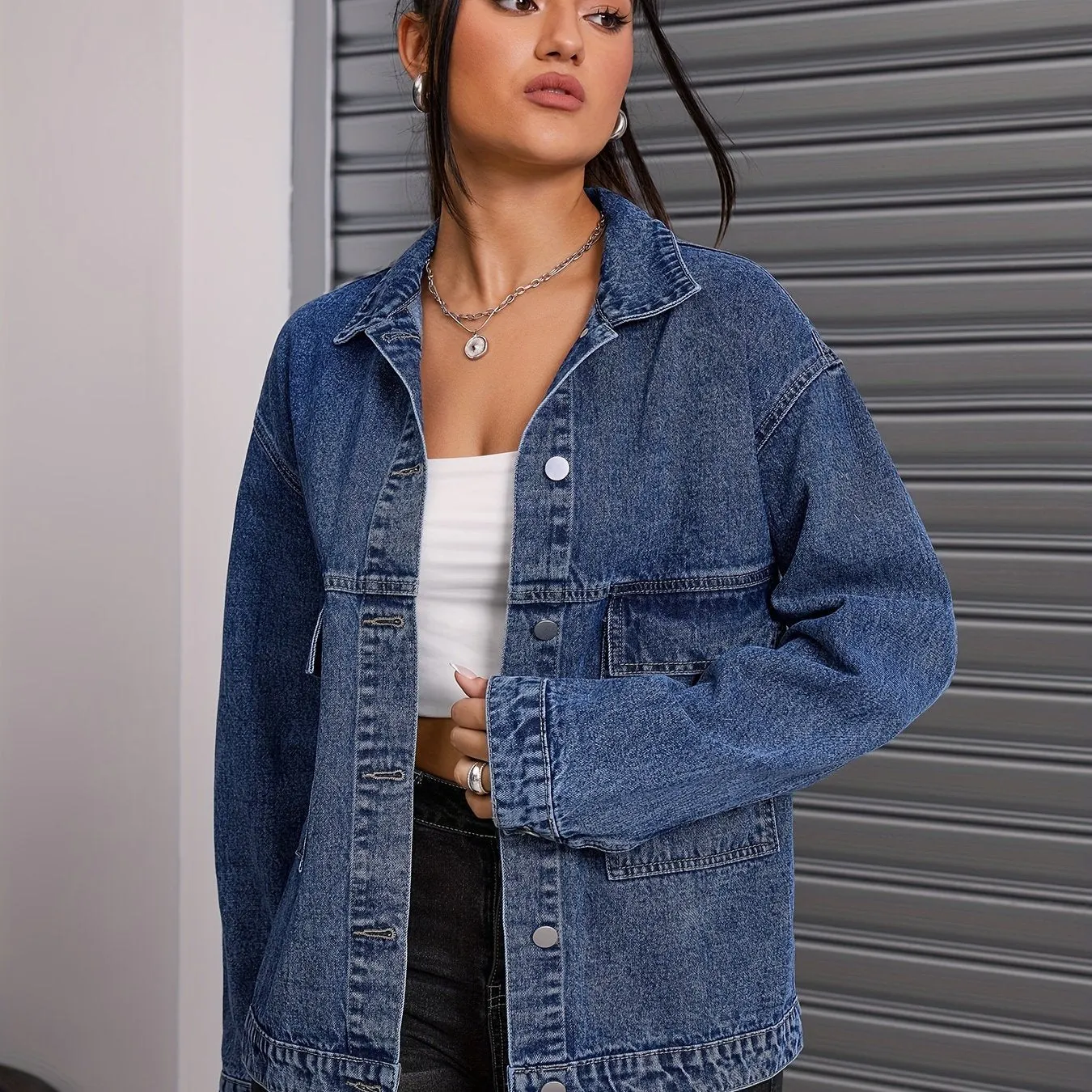 Women's Casual Denim Jacket - Loose Fit, Button-Up Front, Solid Color, Rayon Blend, Non-Stretch Fabric