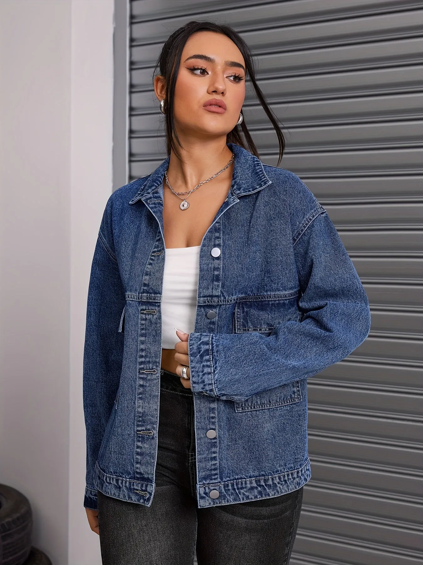 Women's Casual Denim Jacket - Loose Fit, Button-Up Front, Solid Color, Rayon Blend, Non-Stretch Fabric