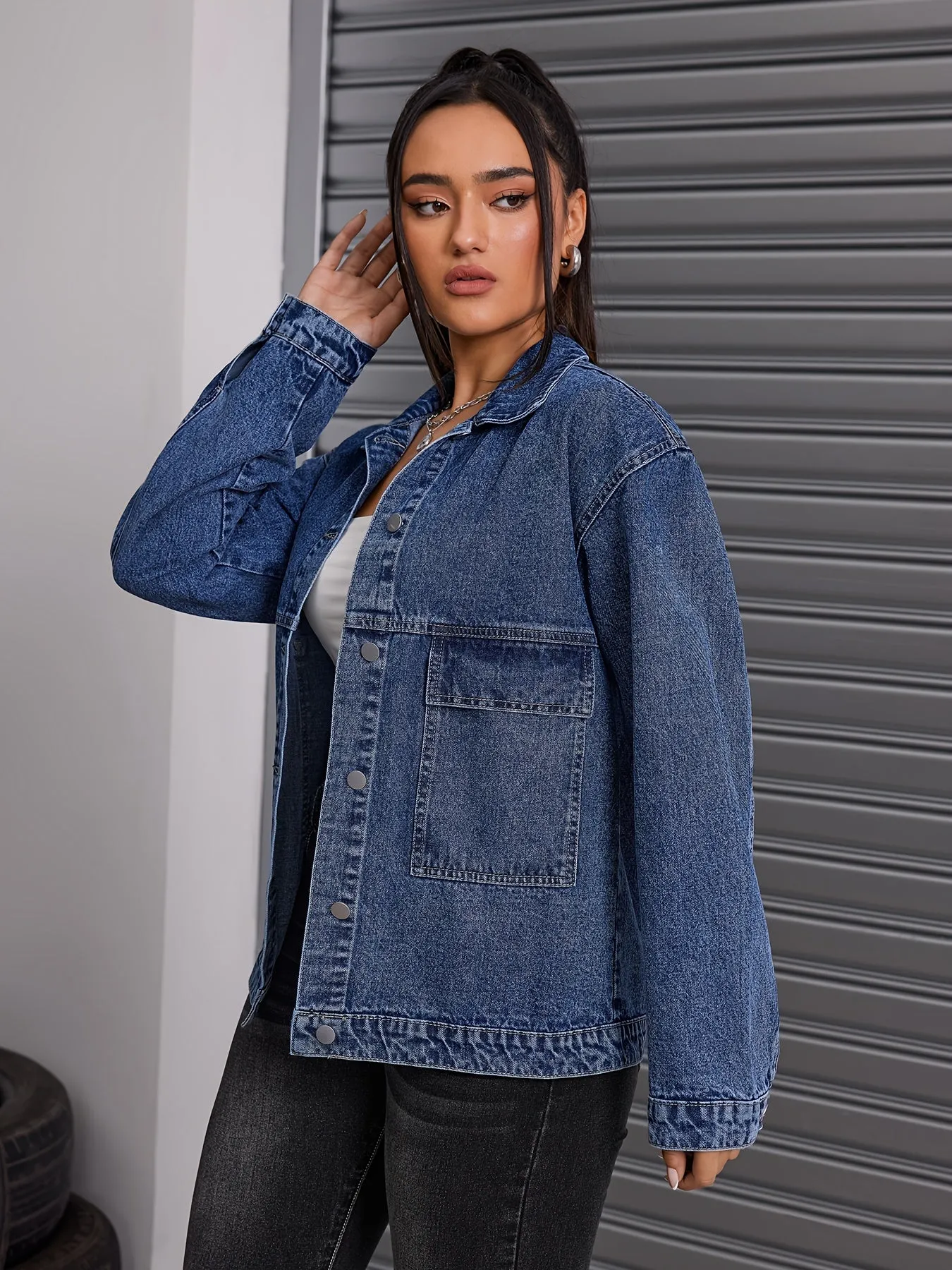 Women's Casual Denim Jacket - Loose Fit, Button-Up Front, Solid Color, Rayon Blend, Non-Stretch Fabric