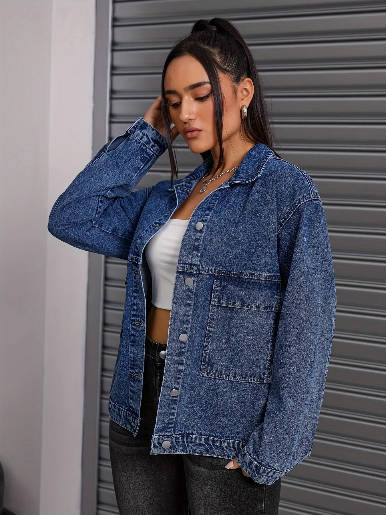 Women's Casual Denim Jacket - Loose Fit, Button-Up Front, Solid Color, Rayon Blend, Non-Stretch Fabric