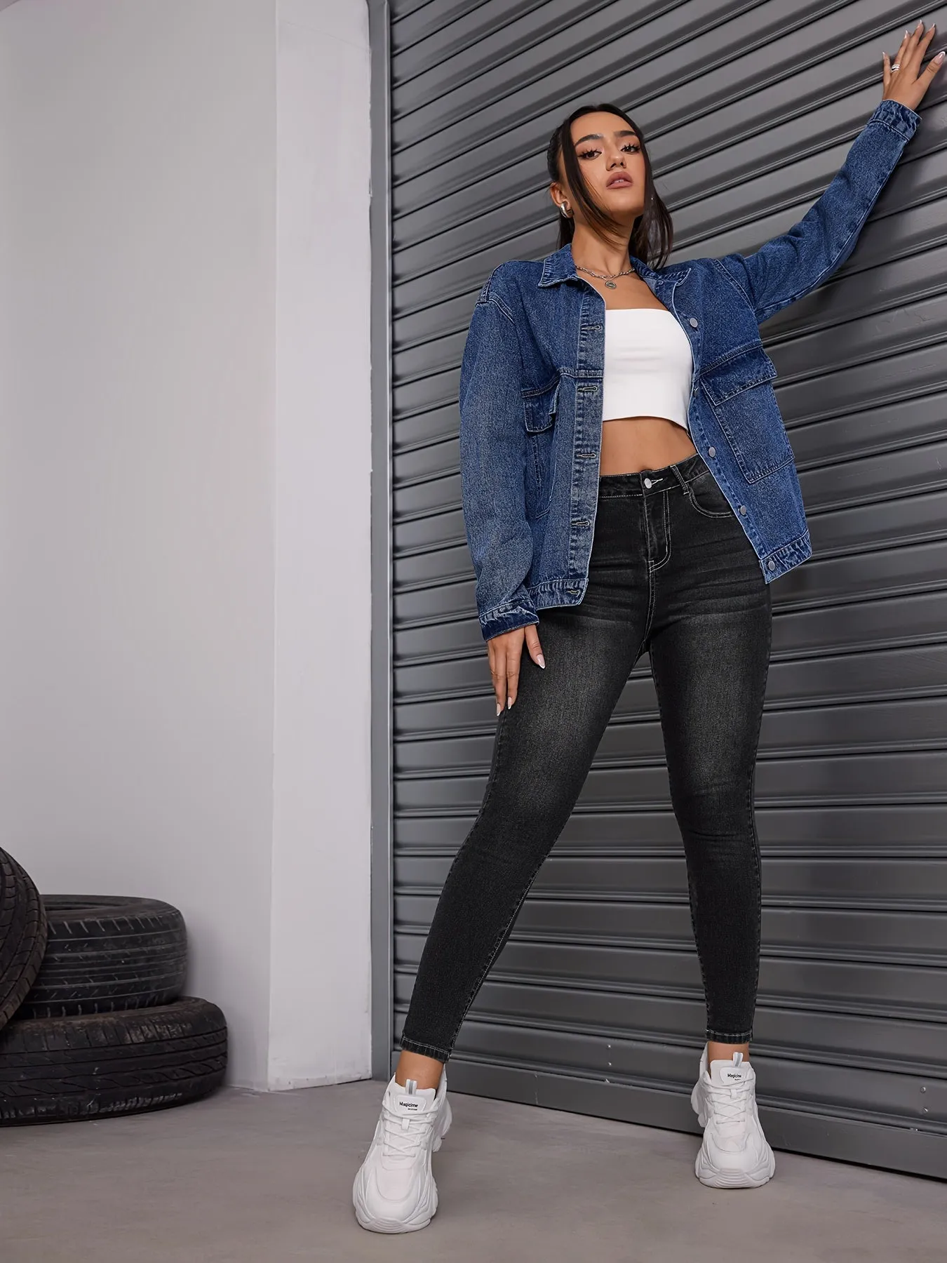 Women's Casual Denim Jacket - Loose Fit, Button-Up Front, Solid Color, Rayon Blend, Non-Stretch Fabric