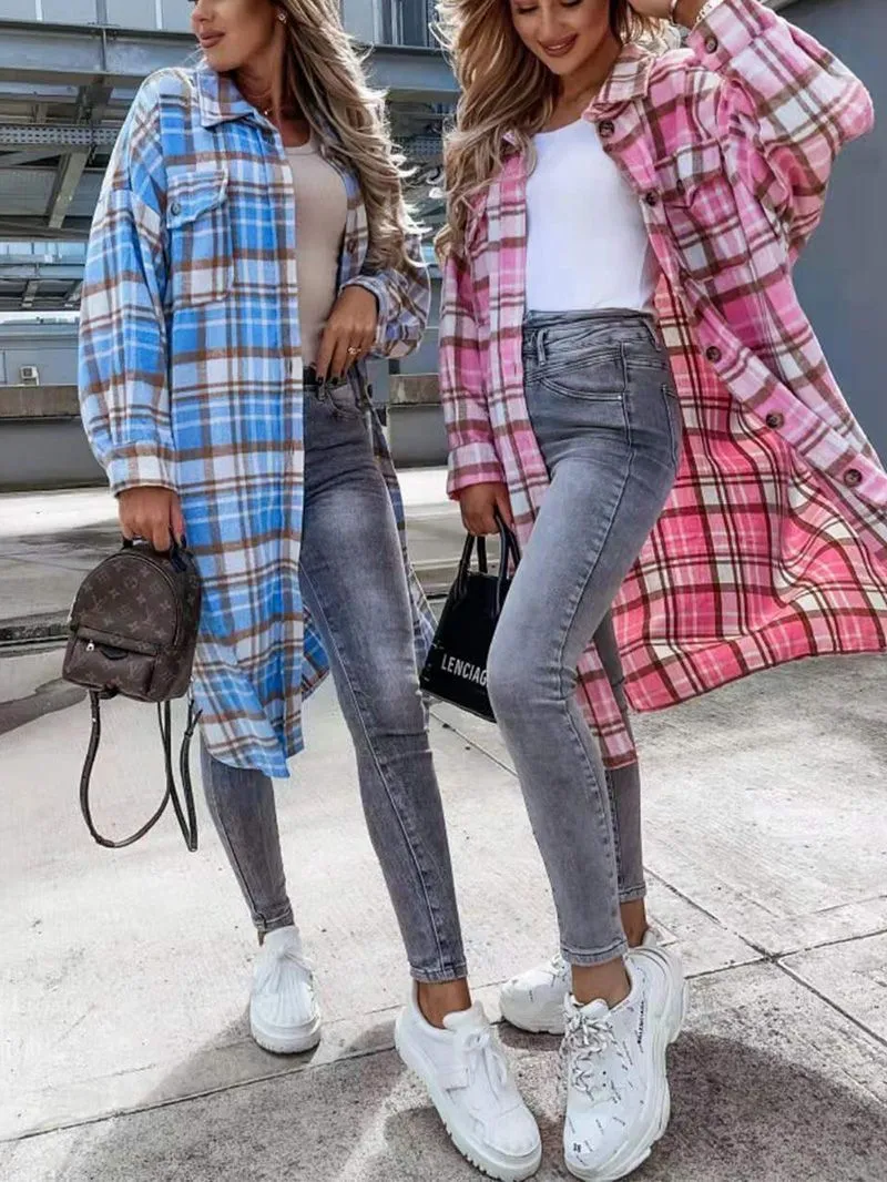 Wool Blend Longline Plaid Shacket Long Checked Peacoat